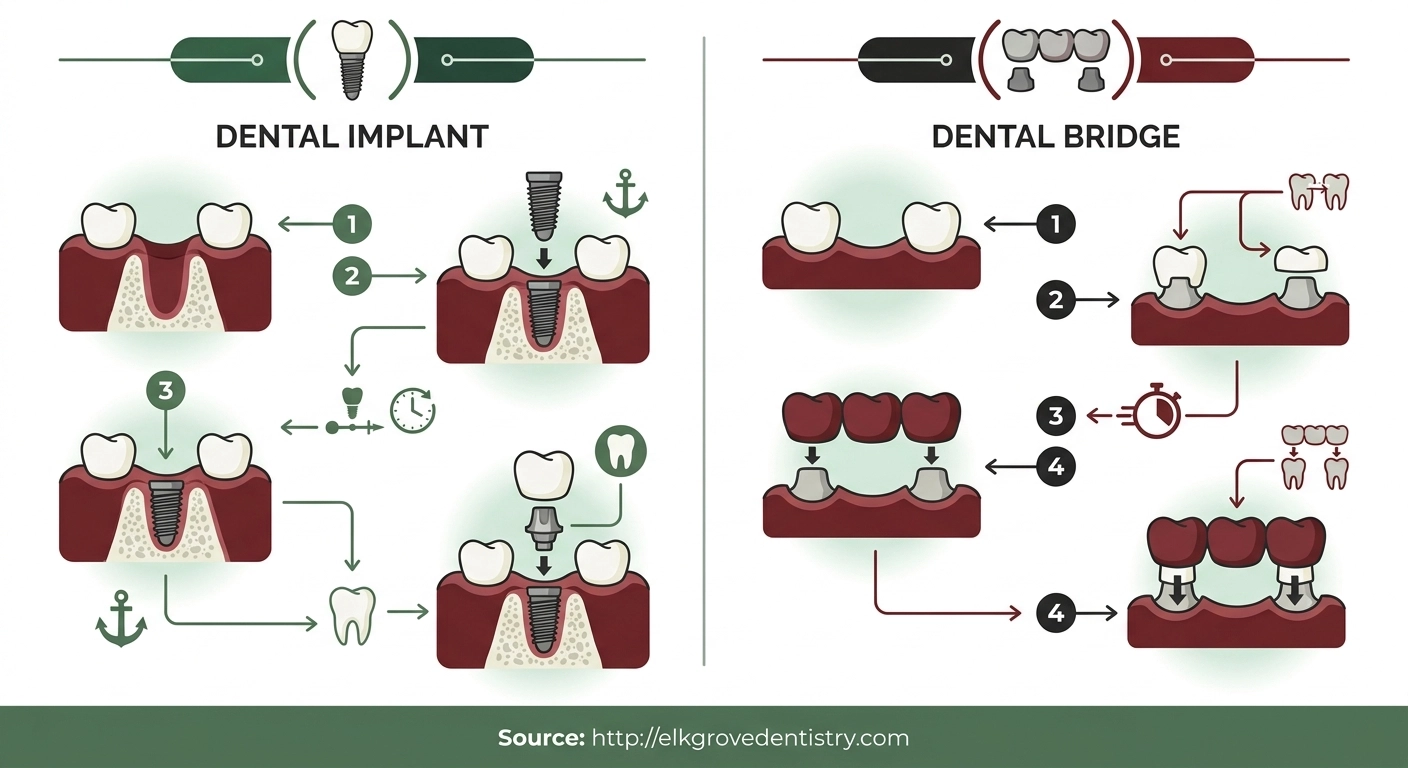 Diagram comparing a dental implant with a three unit bridge